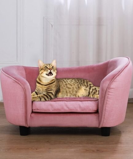 Pet Sofa Bed, Velvet Couch with Washable Cushion for Small Dog Cat (Pink)