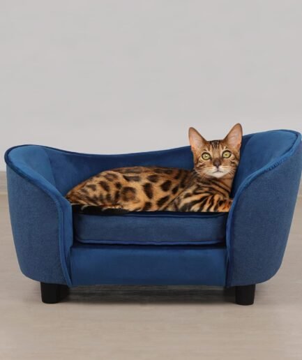 Pet Sofa Bed, Velvet & Linen Fabric Pet Couch Chair with Removeable & Washable Cushion for Small Dogs Cats (Blue)