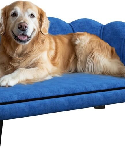 Velvet Large Dog Couch with Foam Cushion, Soft and Cute Bed with Pearl Design, Sofa for Big and Medium Dogs, Dark Blue