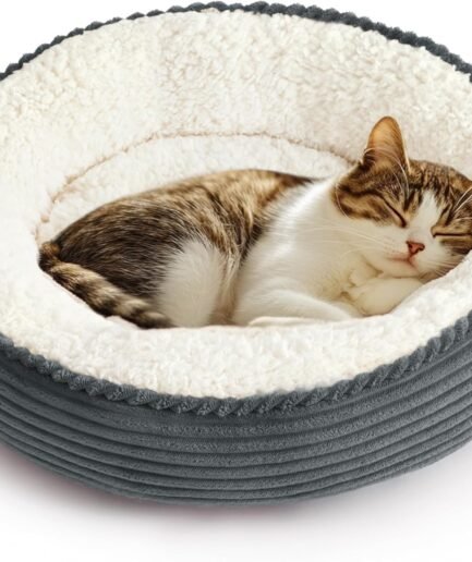 Round Donut Cat and Dog Cushion Bed, 20in Pet Bed for Cats or Small Dogs, Anti-Slip Water-Resistant Bottom, Super Soft Durable Fabric Pet beds, Washable Cat Dog Bed Stripe Bluish Grey