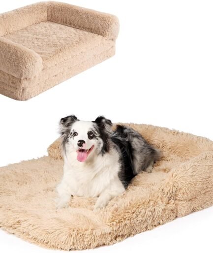Foldable XXL Dog Bed for Large Sized Dog, 54"x38"x7.5" Faux Fur Fluffy Pet Couch Bed, Orthopedic Calming Memory Foam Big Pet Bed, Washable Pet Sofa Bed with Non-Slip Bottom, Camel